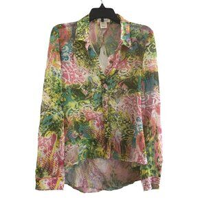 Sans Souci Sheer Button-Up Womens Small Polyester Multicolor Blouse Floral Boho
